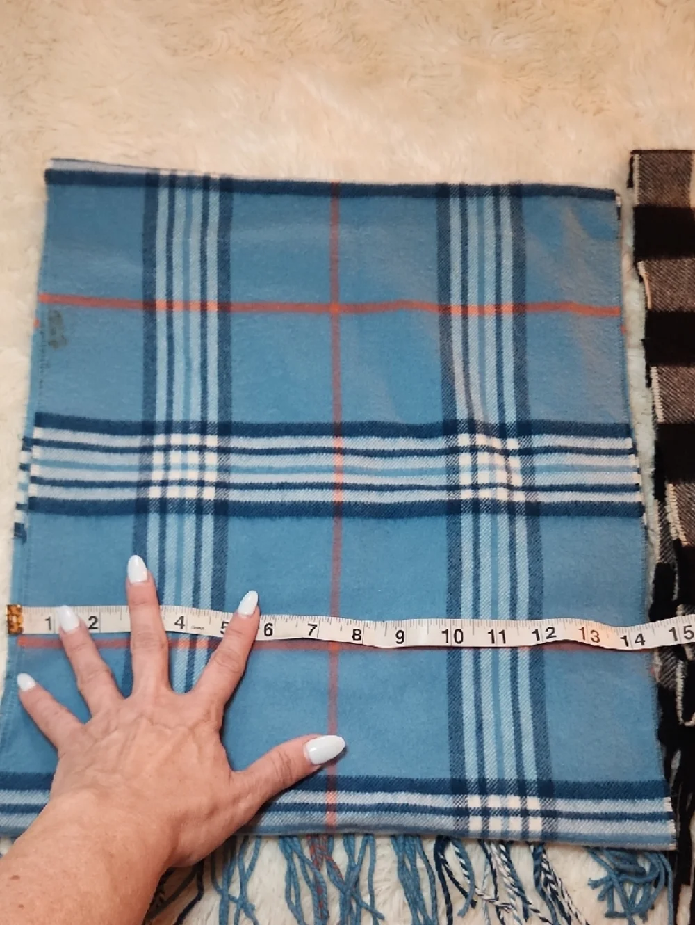 2 Plaid Fringe Scarves - Blue & Cashmere Black/White